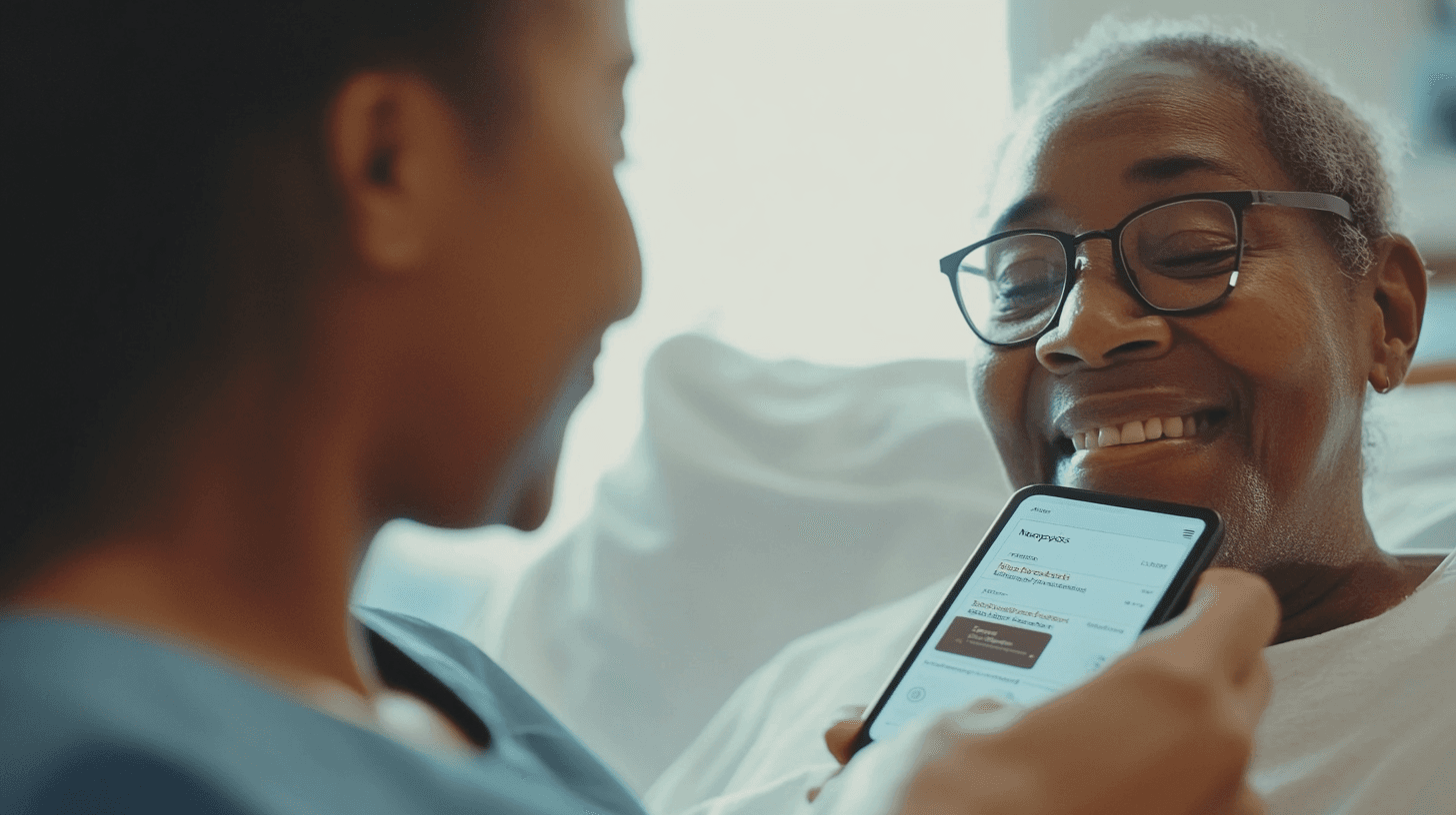Nurse showing patient wound care progress on Medipyxis mobile app